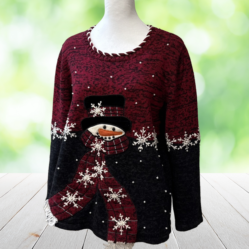 Vtg MANDAL BAY Hand Beaded Christmas Sweater Embroidered Applique Snowman Size M